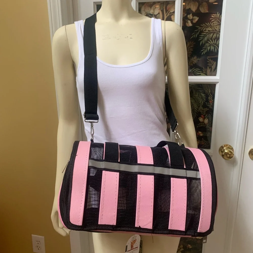 Small Pet carrier bag Pink with Black mesh handle plus detachable shoulder strap